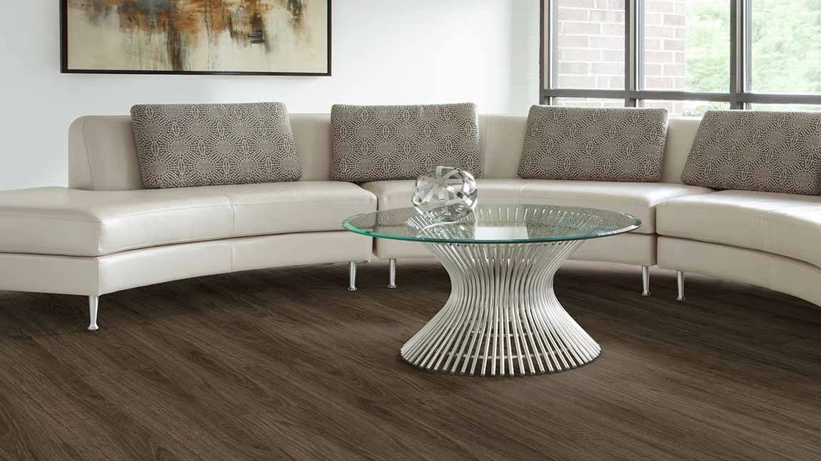 Luxury vinyl flooring in a living room, installation services available